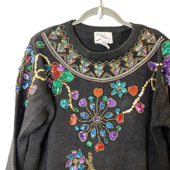 Vintage Sweater Jumper‎ 90s Sequins Pullover Shoulder Pads SML Sport Funky Art - Picture 3 of 6